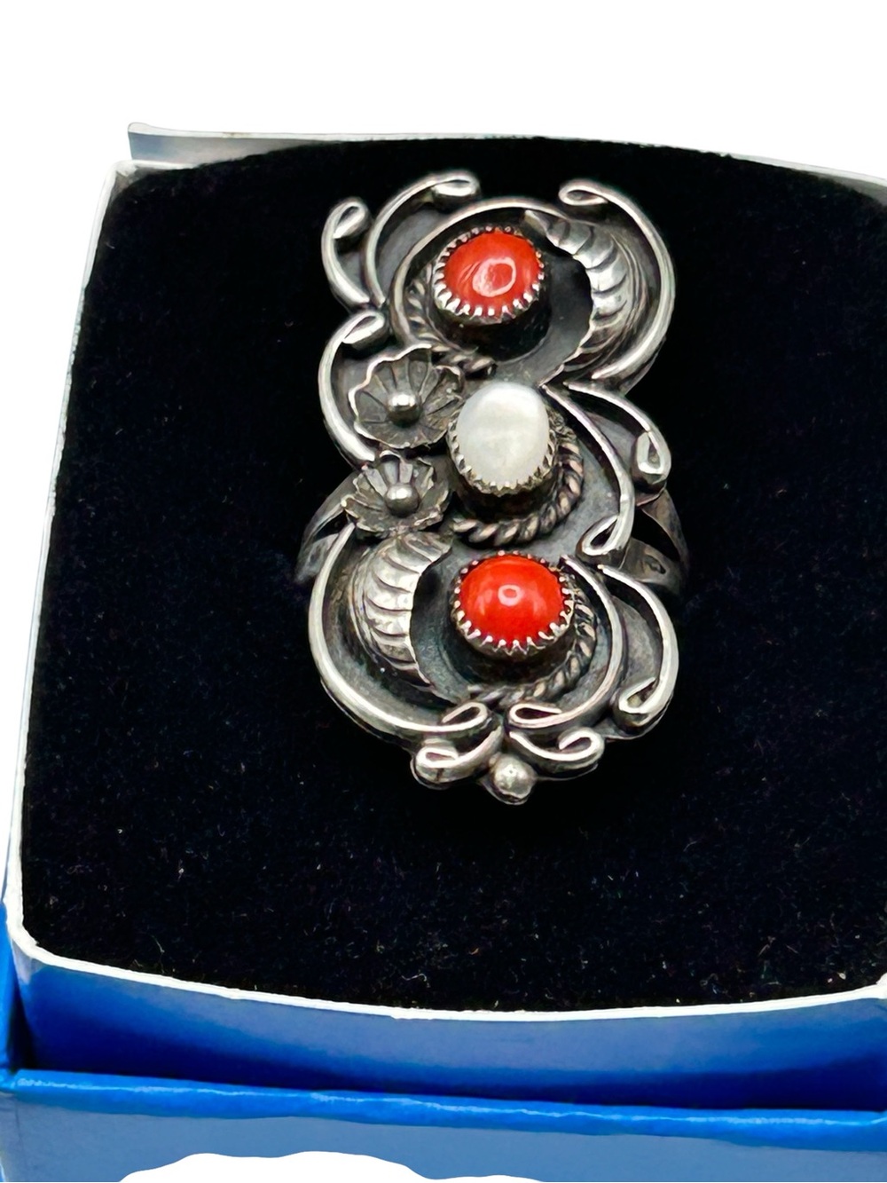 Albert McCabe Navajo Sterling Coral Mother-of Pearl Ring